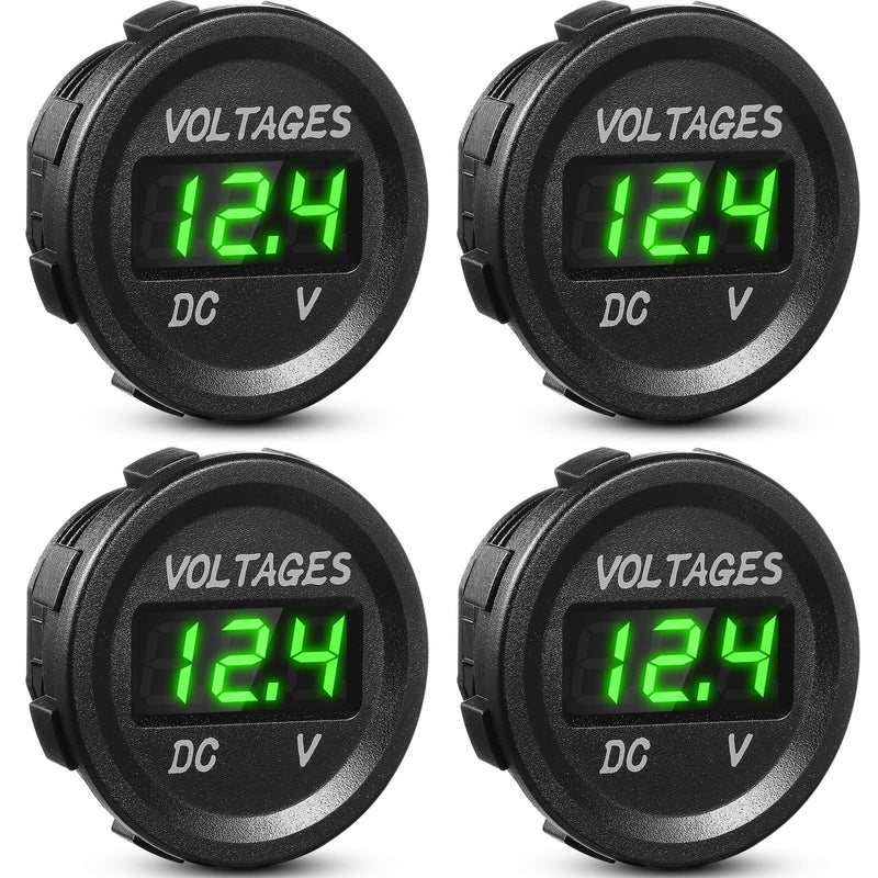 Frienda 4 Pieces DC 12V Car Voltage Gauge LED Display Waterproof Voltmeter Digital Round Panel Voltmeter Compatible with Vehicle Motorcycle Truck Camper Caravan ATV UTV Car Boat (Green) Green