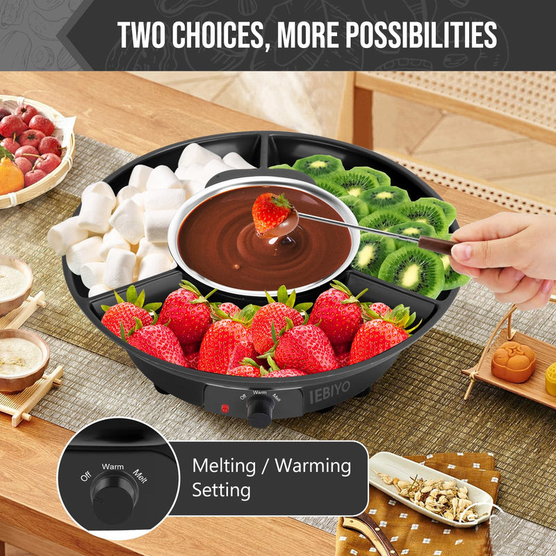 Chocolate Melting Pot Electric Chocolate Fondue Pot Set 3-Section Food Trays with 6pcs Dipping Forks Perfect for Chocolate Cheese Dessert Housewarming Christmas Party Gifts (Black) Black