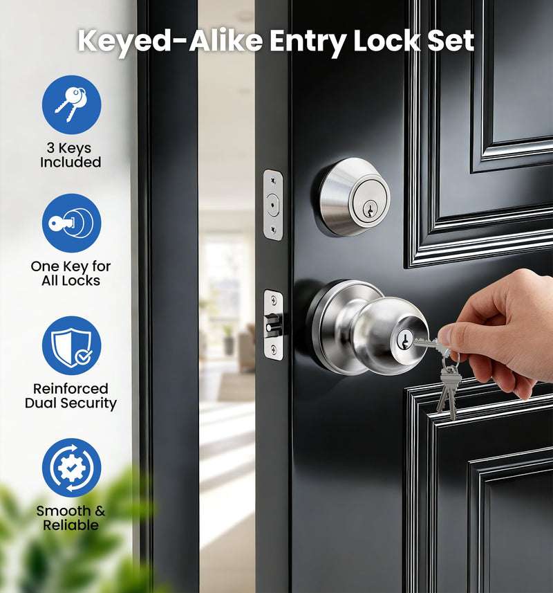 Veise Keyed Alike Exterior Door Knob and Single Cylinder Deadbolt Combo Set, Easy Installation Keyed Same Entry Door Lock for and Entrance Front Door, Heavy Duty, Brushed Nickel 1