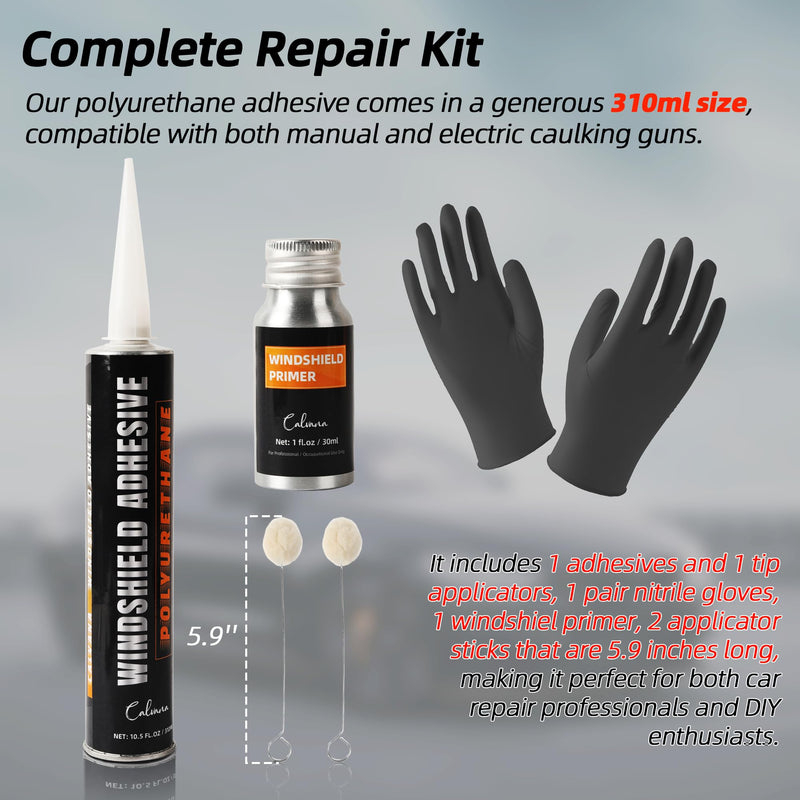 Urethane Windshield Adhesive 310ml, Automotive Polyurethane Sealant, Car Glass Chip & Crack Repair Kit with 1 windshiel Primer, 1 Pair Gloves, 2 Applicator Sticks, Quick Curing, Black Adhesive1pk+Primer1pk