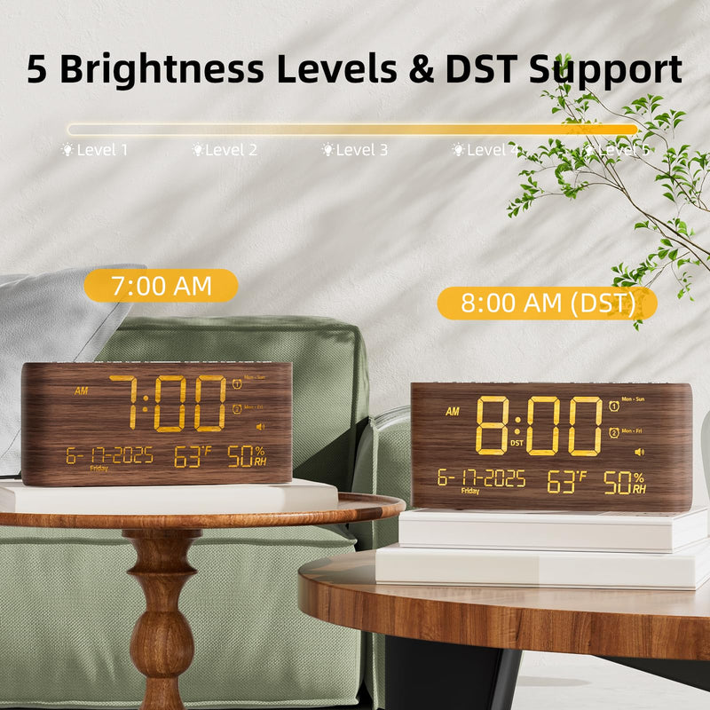 Raynic Digital Alarm Clock, Dual Alarms, 8.7" Large LED Display, USB & Type-C Charging Ports, Temperature & Humidity Display, 5-Level Dimmer & Volume for Bedroom & Home Office, Dark Wood Grain Finish