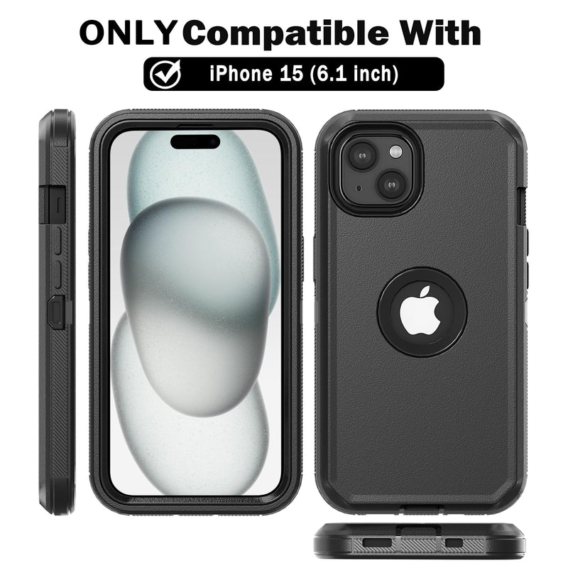 Phone Case for iPhone 15 Case,Heavy Duty Hard Shockproof Armor Protector Case Cover with Belt Clip Holster for Apple iPhone 15 6.1 5G 2023 Phone Case (Black) Black
