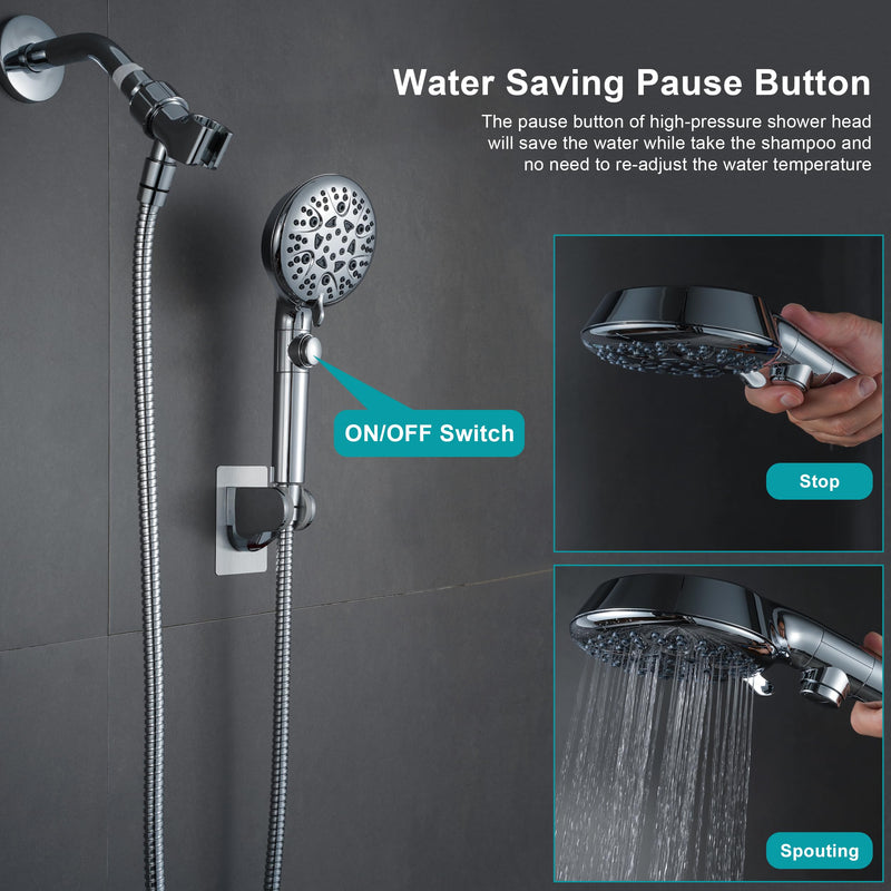 GwernKB Handheld Shower Head with On Off Switch 8-Mode High Pressure Showerhead with 79 Inches Extra-long Stainless Steel Hose and Bracket PLUS Extra Low-Reach Adhesive Wall Mount for Kids,Silver… Silver