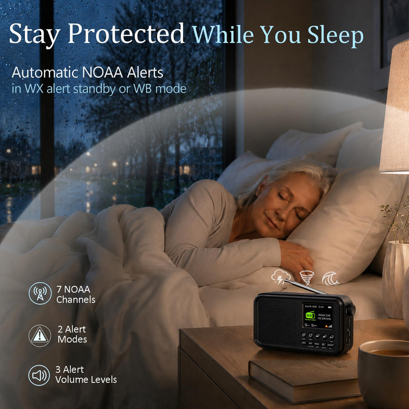 FM Radio with Bluetooth, NOAA Weather Band, 2.4" Color Screen, Rechargeable Portable Radio, Dual Alarms, microSD Playback, USB-C Charging, Headphone Jack for Home, Bedroom, Office & Travel Black