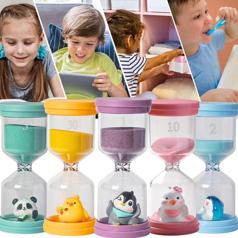 5 Pcs Colourful Plastic Hourglass with Different Animals,Sand Timers 1m/2m/5m/10m/30m,Sand Timers for Students,Games,Classroom,Kitchen,Office,Desk Decor (Pack of 5) Hourglass set