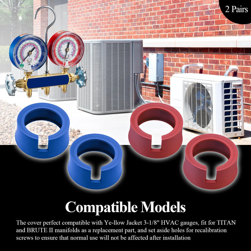 49190 HVAC Gauge Boots Cover Fits Ye-llow Jacket 3-1/8" HVAC Gauges | Protective Boot Set Fits TITAN & BRUTE II Manifolds, Refrigerant Gauge AC Gauges Manifold Protective Cover, 2 Sets Red&Blue 2 Sets Red & Blue Cover