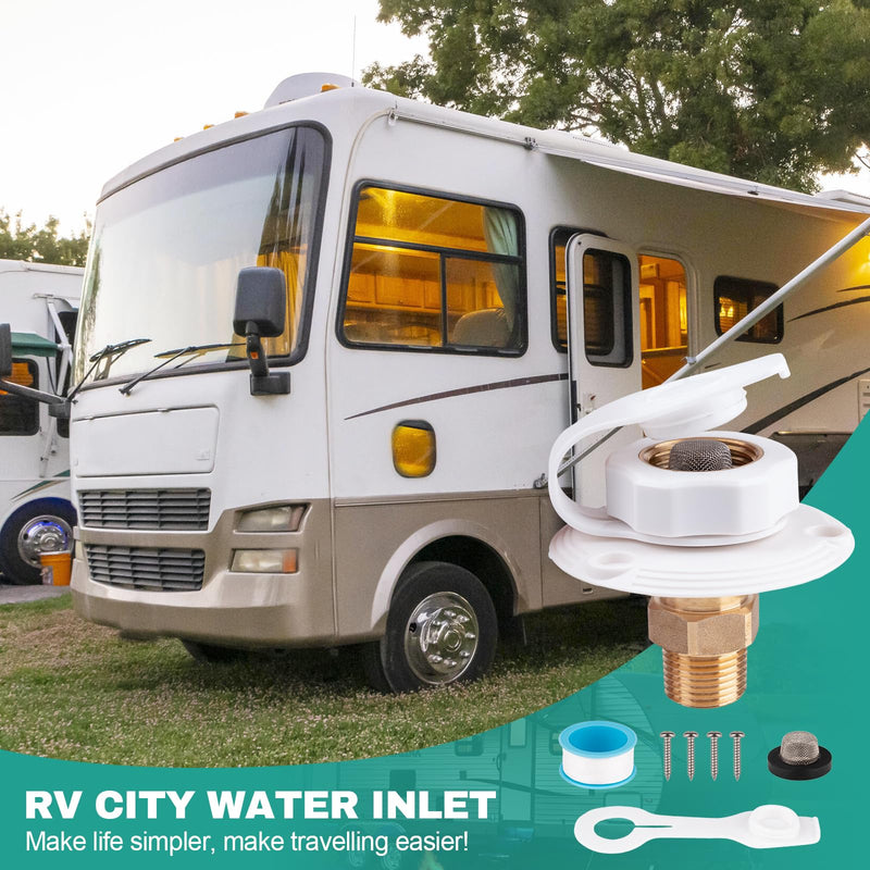 RV City Water Inlet with Check Valve, 3/4" NH Female to 1/2" NPT Male, RV Water Inlet Connection for Camper, Trailer, Marine, White