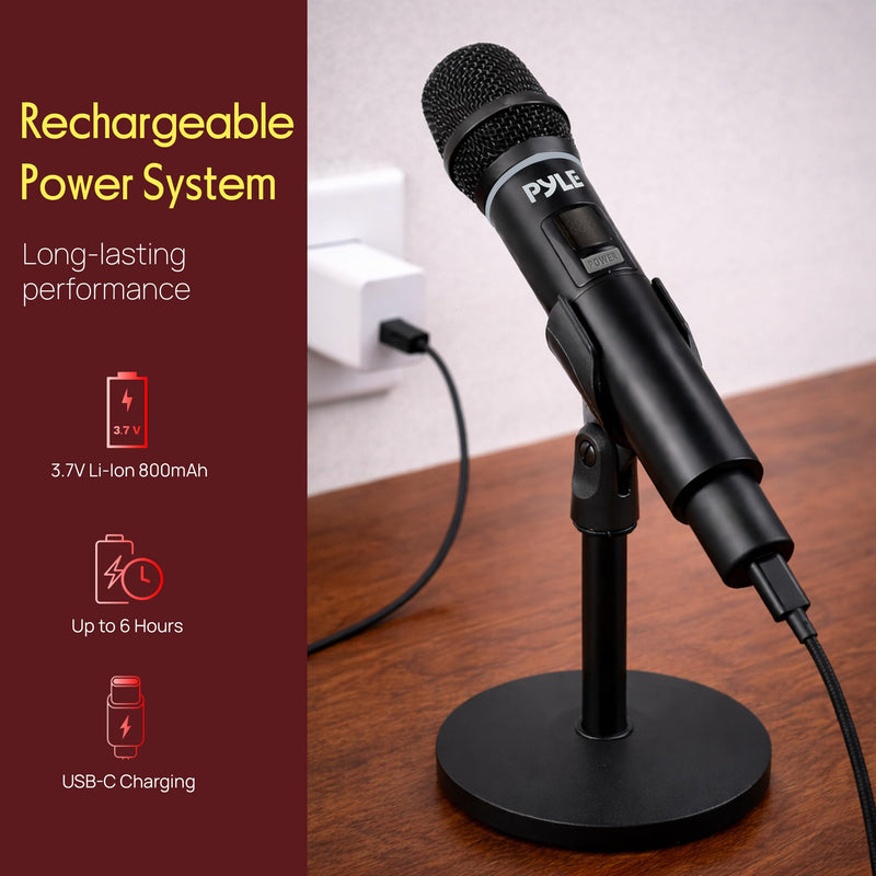 Pyle Professional USB Microphone System - 16-Channel Dynamic Portable Mic with Long-Range Clear Sound, Rechargeable Wireless Microphone for Singing, Stage, Church and Studio Usage Black