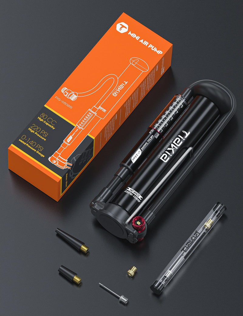 Tiakia Bike Pump with Gauge, High Pressure Bicycle Pump High Volume Portable Hand Air Pump Fit Presta, Schrader Valves Aluminum Bike Tire Pump for Mountain Road Bike, Strollers, Balls Mini Bike Pump 220PSI