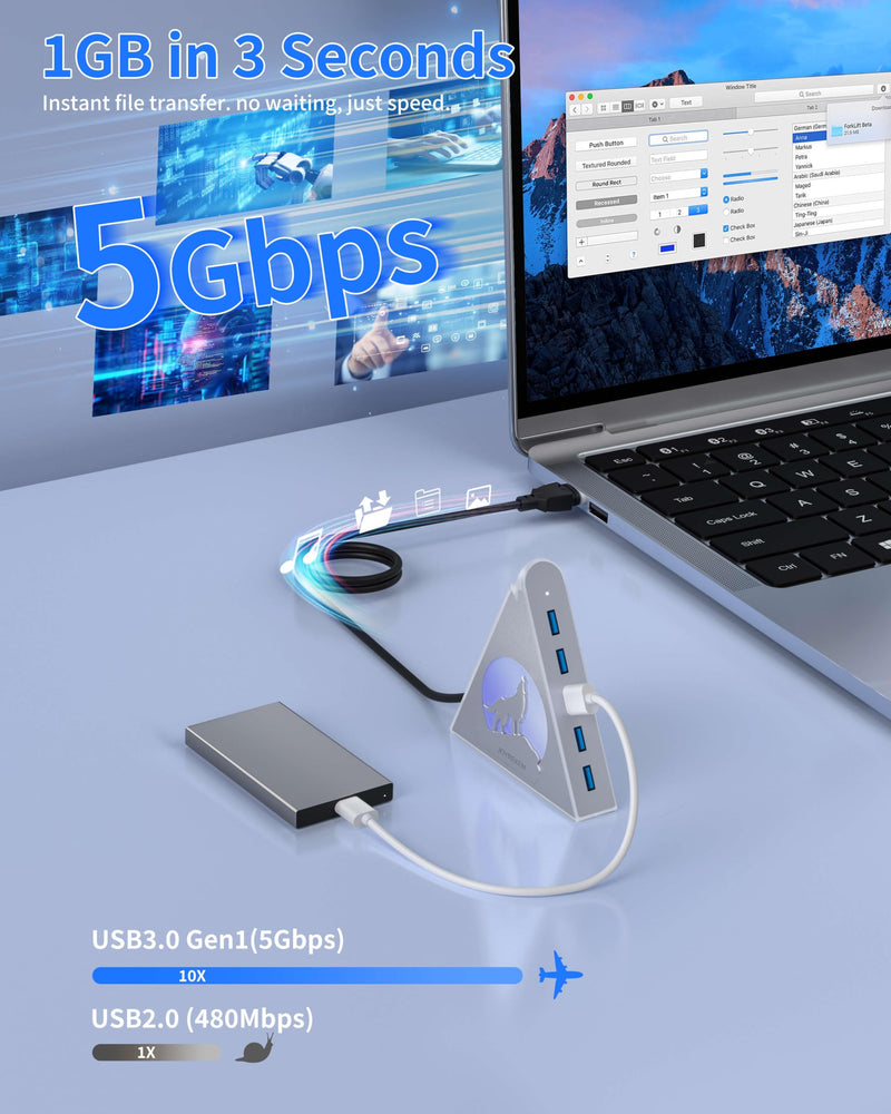 7 Port USB Hub, JoyReken USB 3.0 Hub with 2 FT Long Cable, Vertical USB Extension Hub for Laptop, MacBook,Xbox,PS4/5, Flash Drive, XPS, PC, Flash Drive, Game Console, Printer, Keyborad, Mouse (Silver) 2ft Silver