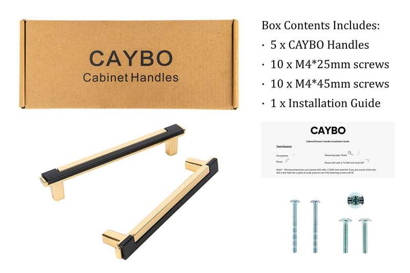 CAYBO 5 Inch Gold Drawer and Cabinet Handle Set – Unique Modern Kitchen Cabinet Pulls and Handles – Easy, DIY Installation, Includes 2 Sets of Screws – Gold and Black, 5 Pack 5 Pack 5"/128mm Gold Black