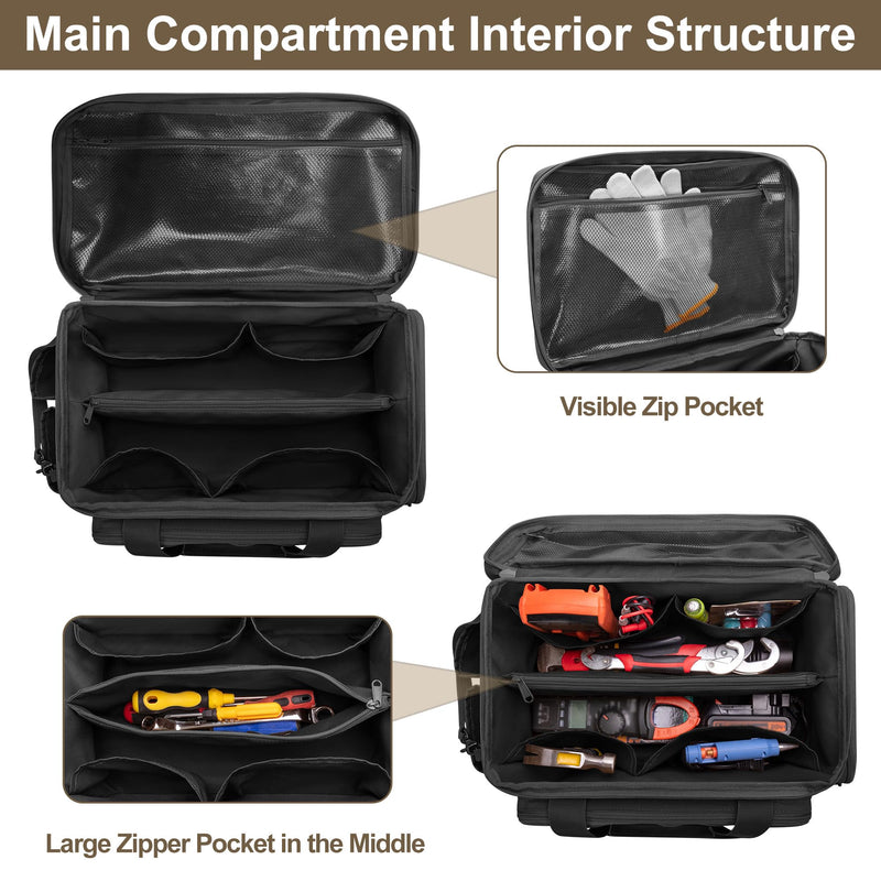 Rexmica 14-Inch Tool Bag with Anti-friction Bottom, Hand Tool Storage Organizer for Men, Tactical Range Bag, Multi-purpose Work Tote for Repairman, Carpenters, Handyman, Black