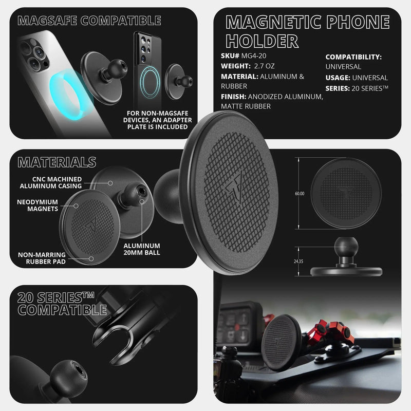 Tackform Magnetic Phone Holder with 20mm Ball - Compatible with MagSafe | CNC Billet Aluminum, Neodymium Magnets, Non-Marring Rubber Pad | NOT Compatible with 1" / 25.4mm / B Sized Systems 20 Series