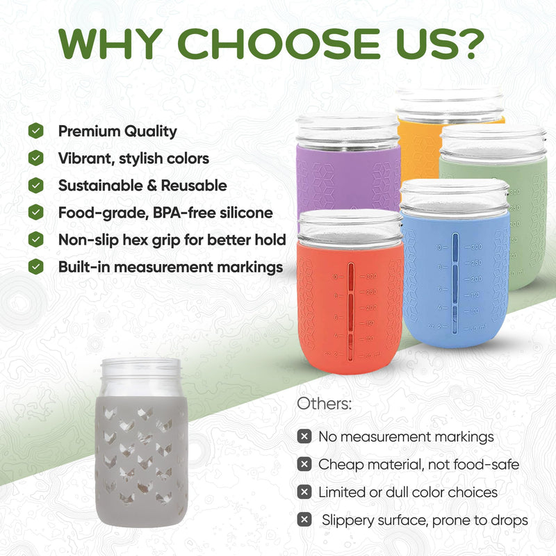 Silicone Mason Jar Sleeves Spring Summer Set | Anti-Slip Protectors for Wide Mouth 16oz Jelly Canning Jars | Cup Holders with Measurement Markings | Dishwasher Safe Jar Jackets - 5 Pack 5, Wide M, Spring Summer