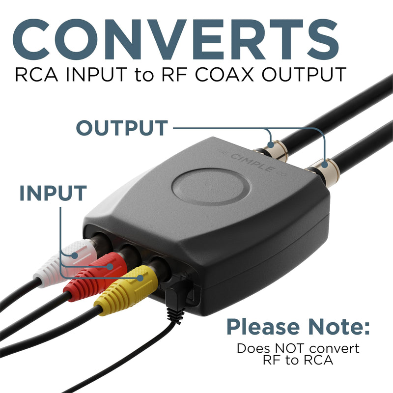 THE CIMPLE CO - RF Modulator, RCA Composite to RF Coaxial Adapter, Converts Standard Definition Signals to Coax, Watch DVD, VHS, Game Consoles on TV, Includes A/V Cable, Does Not Work in Reverse