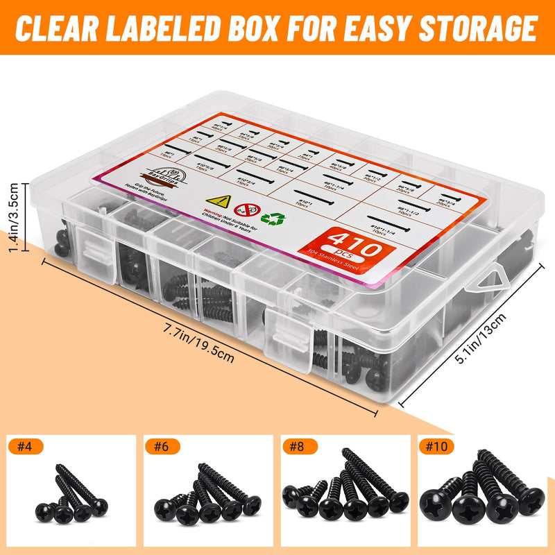 410 PSC Stainless Steel Black Screw Assortment Kit - #4#6#8#10 Phillips Pan Head, Self-Tapping for Wood & Metal 410PCS Black