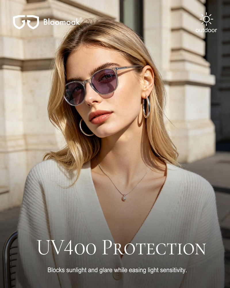 Rose Tinted Migraine Relief Glasses,Round Retro Blue Light Glasses for Light Sensitivity/Fluorescent LED/Photophobia Indoor & Outdoor - Photochromic Lens