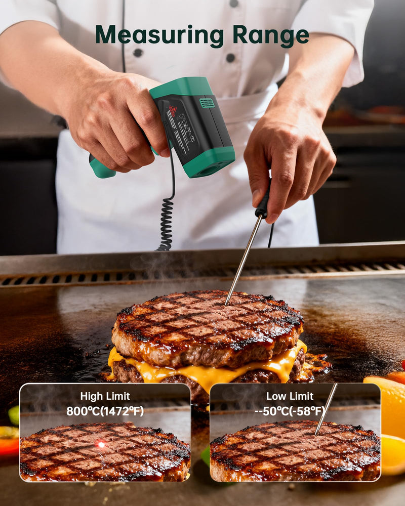 ERICKHILL Infrared Thermometer Gun, Dual Mode IR Laser Thermometer with -50°C~800°C and Meat Probe (-50°C~300°C), Non-Contact Digital Thermometer for Cooking, BBQ, and Industrial Use IR Thermometer & Probe
