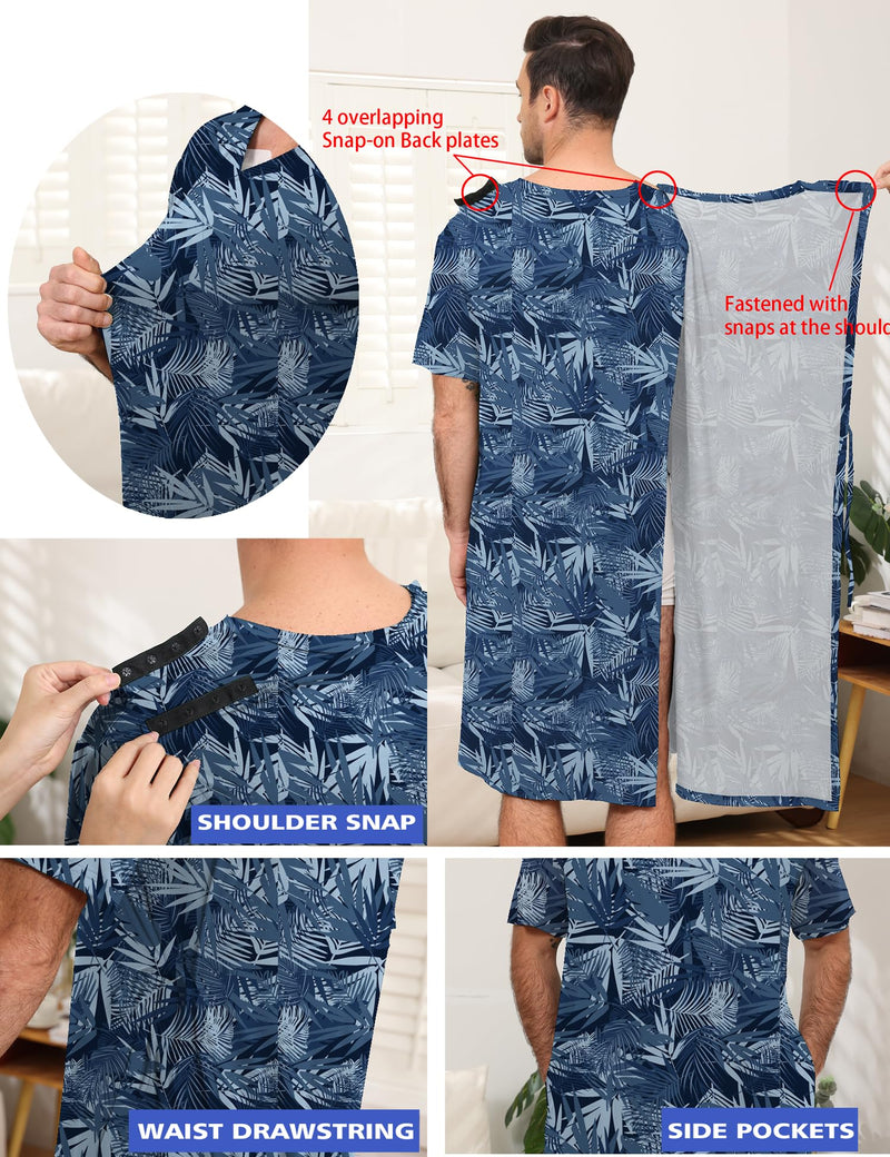 Men's Hospital Gown Open Back - Reusable Patient Gown with Shoulder Tie Closure - Comfortable Hospital Gowns for Men Blue Flower XX-Large