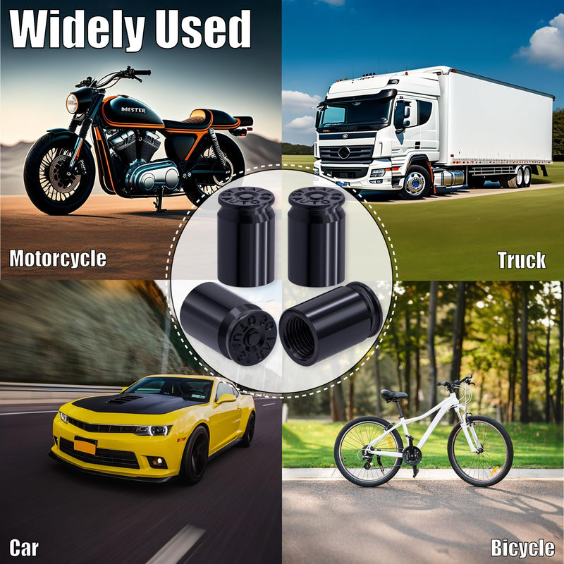 4PCS Bullet Shell Tire Valve Stem Caps, Aluminum Alloy Car Air Stem Cap, Universal Dustproof Tire Valve Stem Covers for Cars, SUV, Trucks, Bikes, Motorcycles, Bicycles (Black) 4 pcs Bullet-Black