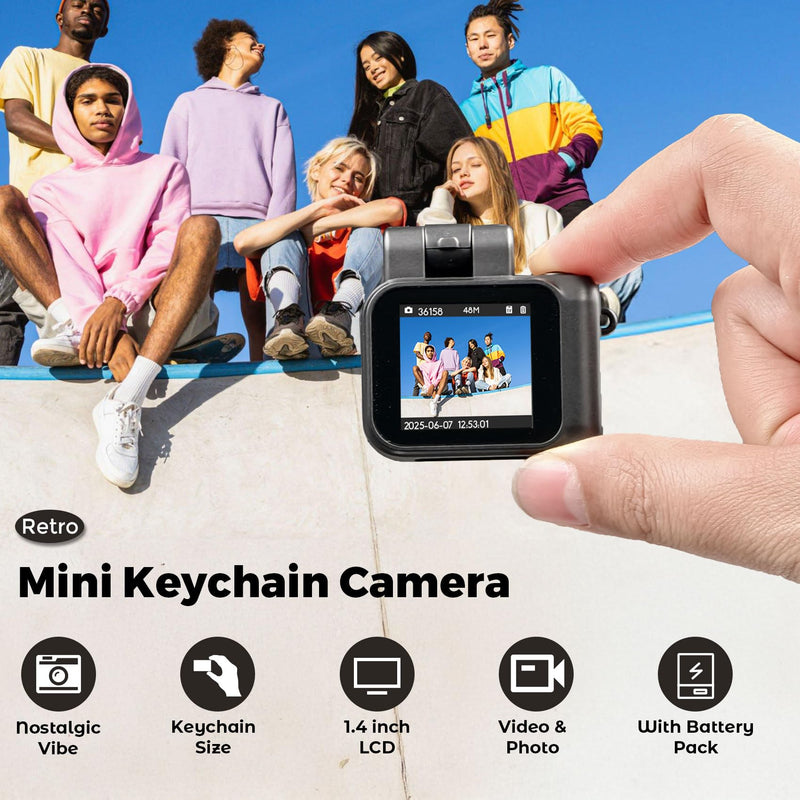 Small Digital Camera Keychain with Flash Light 1080p Tiny Camera Mini Retro Micro 1.4 in LCD Screen 32GB Card Charging Base Compact Portable Recorder for Travel Study Recording (Black) Black