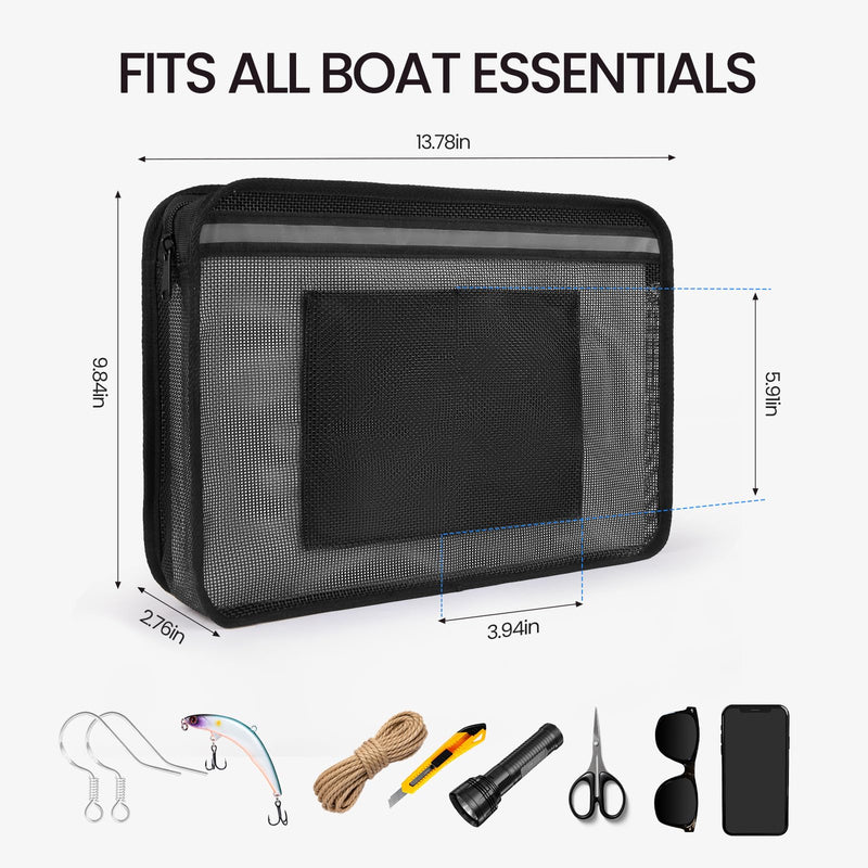 Boat Zippered Mesh Storage Bag with Reflective Strip, 3D Gusset, Self-Adhesive Boat Caddy Organizer for Tools & Tackle, UV/Saltwater Resistant 13.7" x 10" x 2.7" 1