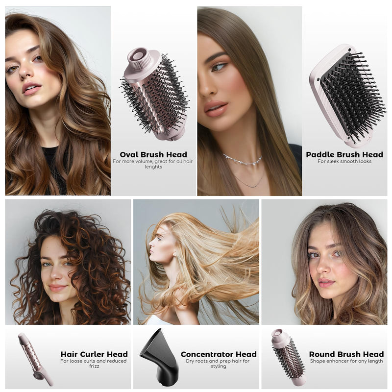 Hair Dryer Brush, 5-in-1 Blow Dry Hair Brush, Multi Hot Air Styler for Drying and Styling Volumizing Curling Sleeking in One Step, Ceramic Coating, Less Frizz, 3 Temperatures, Pink