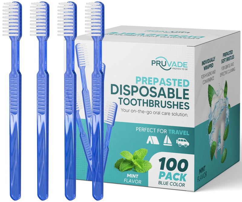 100 Pack Disposable Toothbrushes with Toothpaste Built In | Mint Prepasted Toothbrushes Individually Wrapped - Blue Single Use Waterless Toothbrush with Soft Bristles for Work, Camping, Travel 1 Count (Pack of 1)