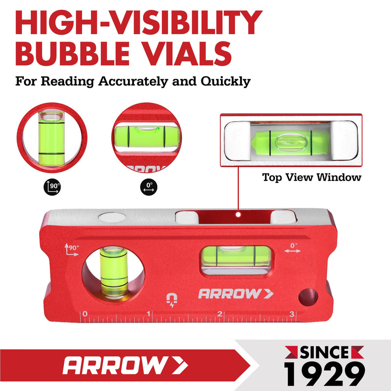 ARROW 4-Inch Torpedo Level, Small Magnetic Leveler Tool with 0°/90° Bubbles, Top-view Window, Aluminium Alloy Frame, Dual SAE and Metric Scales 4 inch