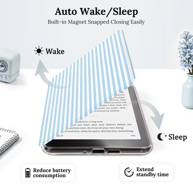 Magnetic Rotating Stand Case for 7'' Kindle Paperwhite & Colorsoft | Magnetic Detachable, Adjustable Stand, Auto Wake/Sleep, Clear PC Case, Soft TPU Edge, Anti-Slip Grooves, Blue & White Stripes Blue and White Stripes 7" e-book-reader