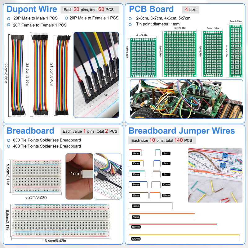 Electronic Component Kit, 1780 Pcs DIY Electronics Kit with Resistors,Capacitor,LED Diodes,Transistors,Dupont Wire,Breadboard,PCB,Potentiometer,Triode,IC,Crystal Oscillator,Buzzer,Switch,Motor,Speaker