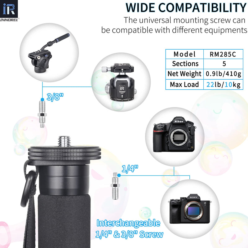Carbon Fiber Camera Monopod INNOREL RM285C Professional Portable Compact Lightweight Travel 5-Section Monopod for Canon Nikon Sony DSLR Camera Video Camcorder DV Photography Bracket Load 22lbs/10kg 29.0mm max tube