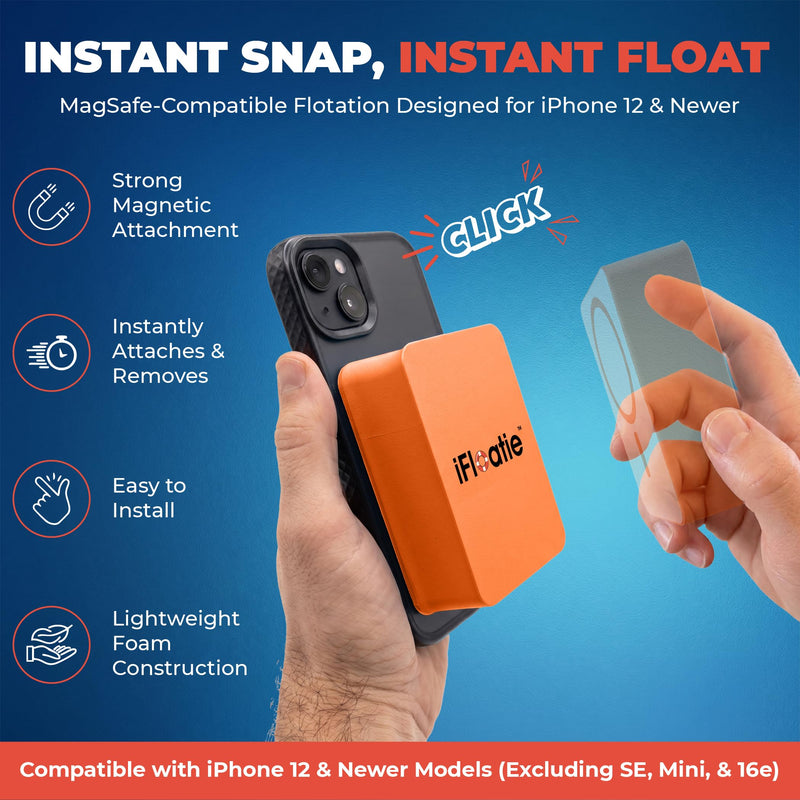 Magnetic iPhone Float - Prevents Phone from Sinking - MagSafe Compatible Snap-On Floatation for iPhone 17/16/15/14/13/12 – Orange