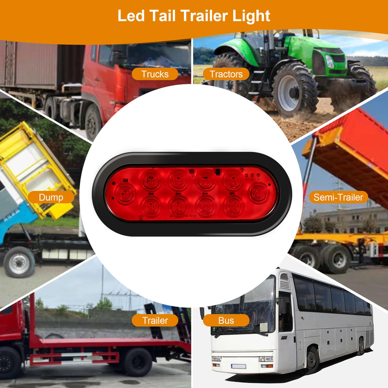 6" Oval LED Trailer Lights Kit, 2PCS Waterproof Stop/Turn/Brake Tail Lights with 10 LED Markers for Truck, RV, Boat, Trailer (Red) DOT Compliant RED