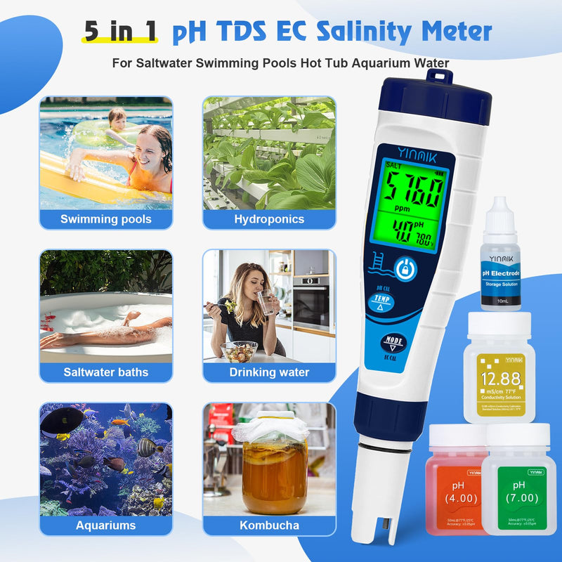 YINMIK Digital Pool Salt Tester & pH Meter, 5 in 1 Salinity Meter for Salt Water Pool, Hot Tub & Aquarium, EC TDS Temperature Tester, Professional High Accuracy