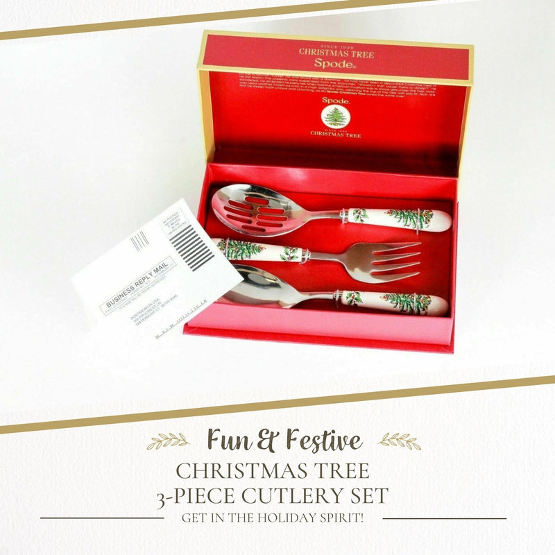 Spode Christmas Tree 3-Piece Stainless Steel Cutlery Set - Porcelain Handle Flatware with Meat Fork, Serving Spoon, & Slotted Spoon - Holiday Silverware for Christmas Dinners & Seasonal Gatherings