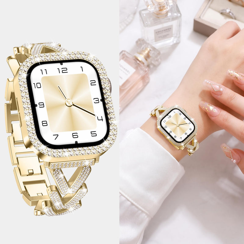 Diamond Bling Band with Case Compatible with Apple Watch bands for Women | Size Options for Apple Watch Series 11/10/9/8/7/SE/6/5/4/3/2/1/Ultra-38mm 40mm 41mm 42mm 44mm 45mm 46mm,Luxury Metal Bracelet Gold 40MM(Series 6/5/4/SE)