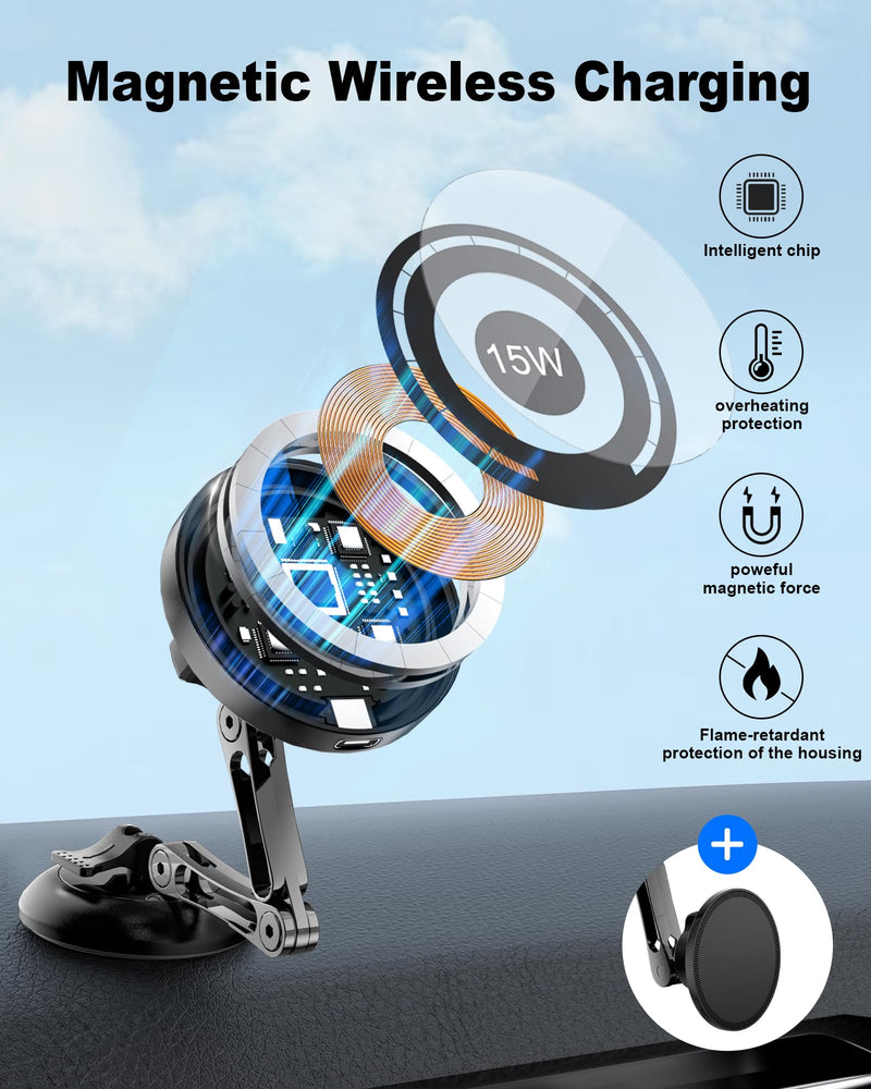 ZBF Magnetic Car Phone Holder, 15W for MagSafe Car Mount Charger(Fast Wireless Charging,Vacuum) 360°Adjustable Car Mount for Women Men iPhone 17-12 Upgraded 2-in-1 Model