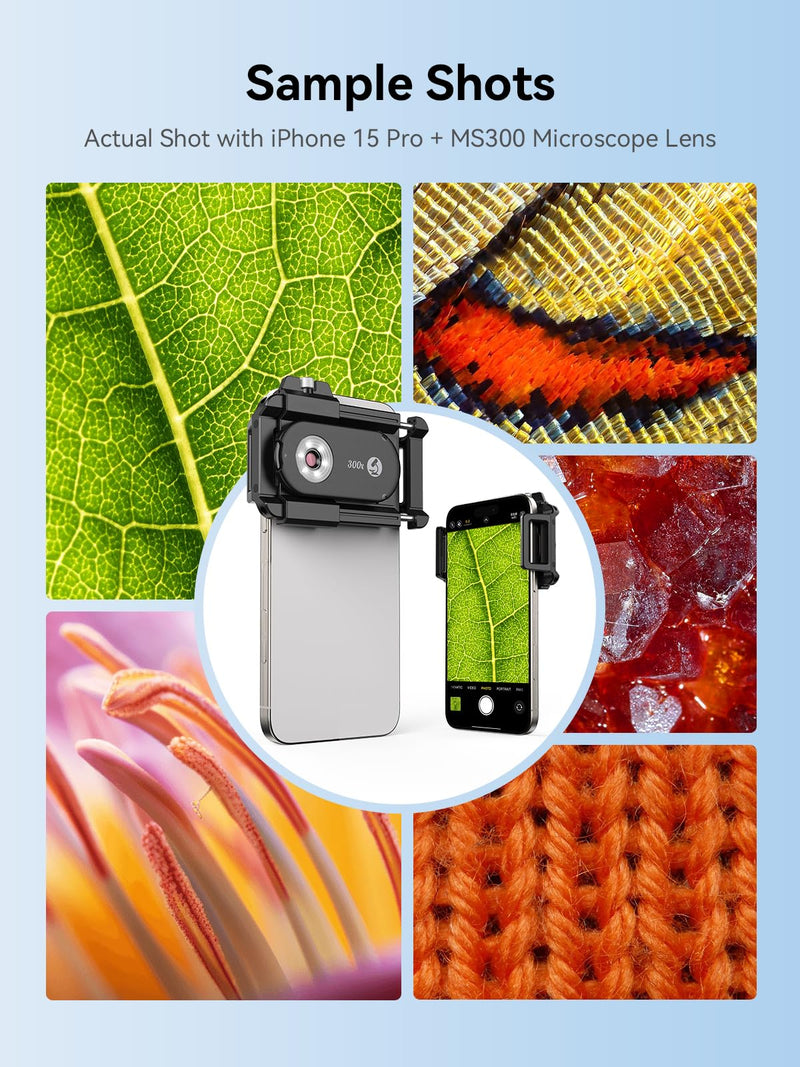 MIAO LAB 300X Phone Microscope Lens, Phone Camera Micro Lens with Universal Clip/LED Light/CPL, Mini Pocket Microscope Attachment for iPhone 17/16/15/14/13 Series and Most Smartphone MS300(300X) MS300 (300X)