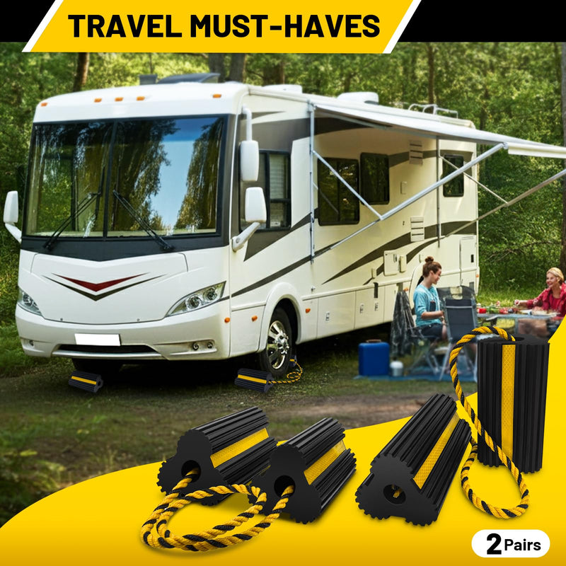 ROBLOCK 2 Pairs Wheel Chocks Heavy-Duty Rubber Wheel Block Non-Slip Base with Nylon Rope Yellow Reflective Tape - 4 Pack Wheel Stopper for Travel Trailers, Car, Camper, Truck, Black 4pack