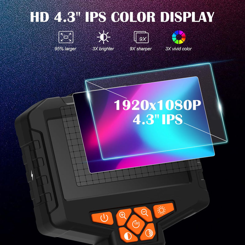 Borescope Camera with 8 LED Light, Industrial Endoscope Cameras with Light 4.3" IPS 1920P HD Screen, Inspection Camera with 16.5ft Semi-Rigid Cable Waterproof, Sewer Drain Pipe Snake Cameras