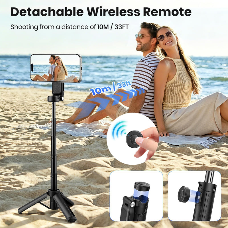 4-in-1 Magnetic Selfie Stick, Pocket Size 360° Rotation Phone Tripod | With Wireless Remote and Metal Ring, Extendable Cell Phone Stand Camera Grip Handle for Video Recording Travel Live Streaming Black