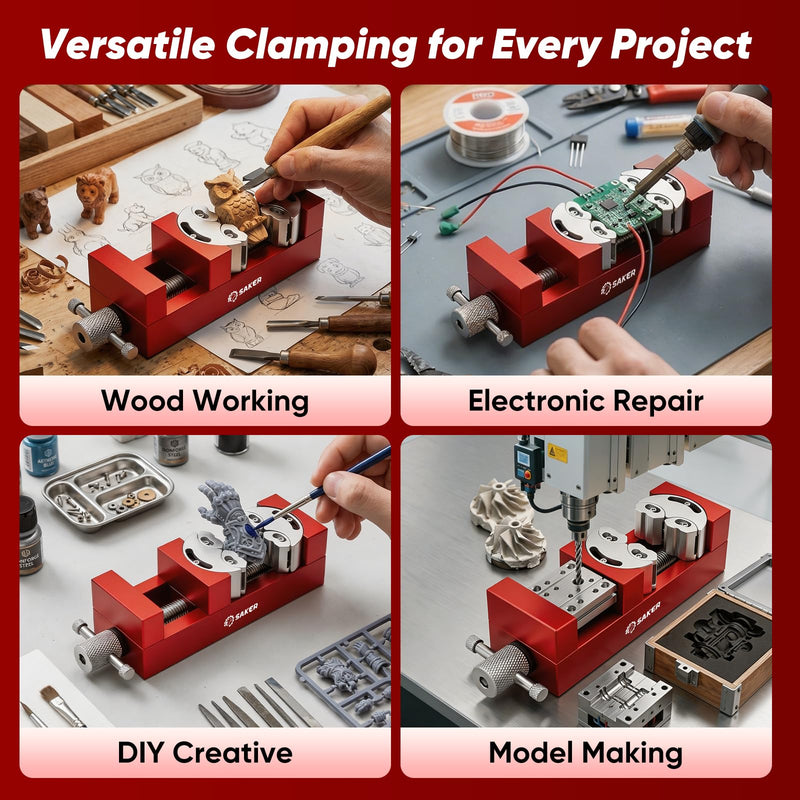 Saker Fractal Vise-Mini Vice Clamp- Bench Vice/Drill Press Vise, Self-Adjusting Aerospace-grade Aluminum Alloy&Heavy-Duty CNC Machined for Jewelry Making, DIY, Woodworking, and Repair Red