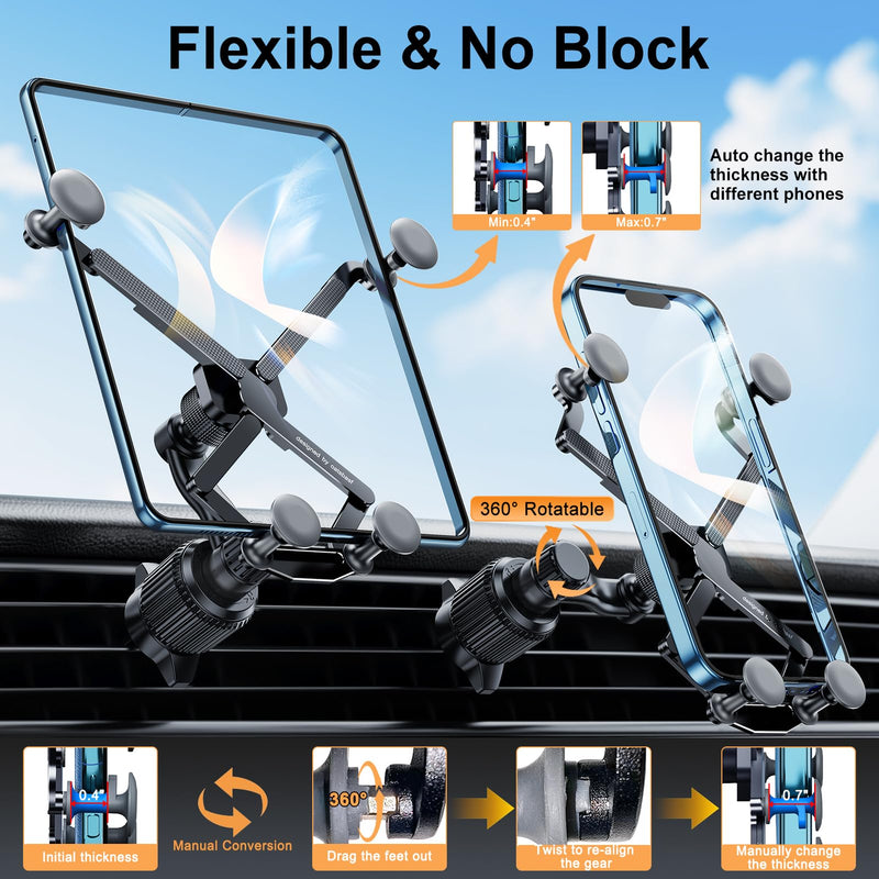 Z Fold 8 Car Mount Accessories, Gravity Linkage, Long Arm Vent Clip | Cell Phone Holder Mount for Z Fold 8 7 Pixel Pro Fold iPhone Android, 2 Forms Change, One Hand Operation, Thick Case Friendly