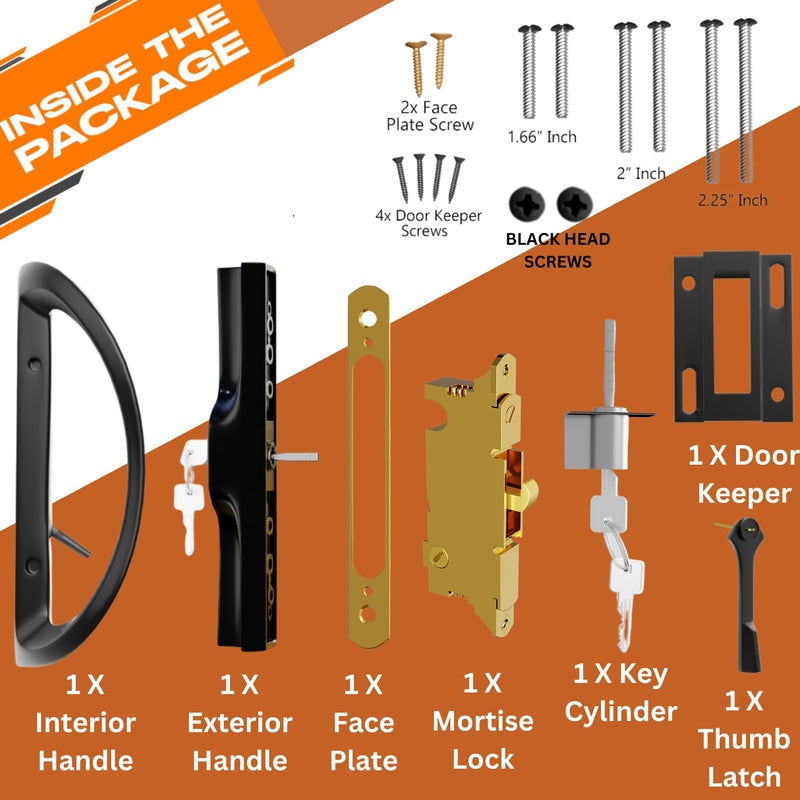 Sliding Glass Door Handle Replacement Kit with Keyed Lock, 3-15/16" Screw Spacing, All-Aluminum, Mortise Style, Reversible, Fits 1-3/8"–1-3/4" Doors Black