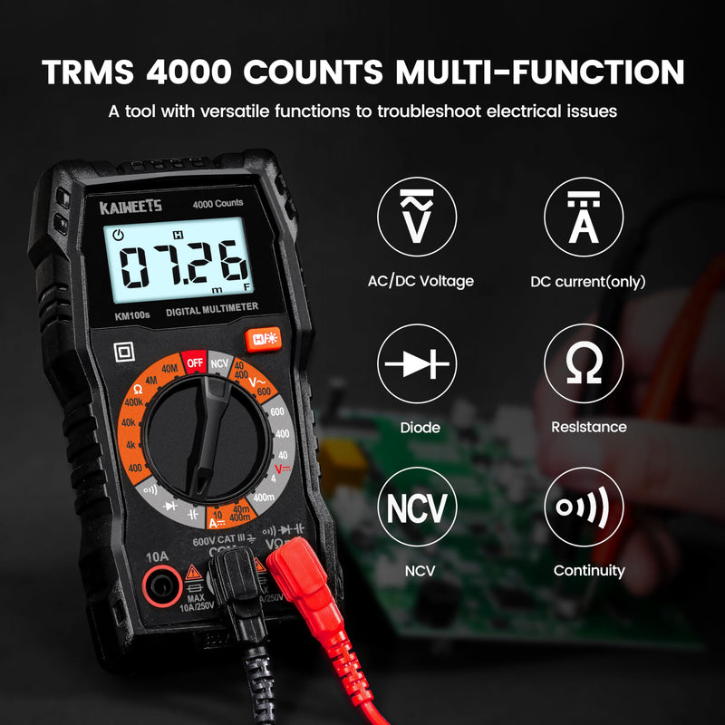 KAIWEETS Digital Multimeter 4000 Counts, Voltage Tester with Accurate Ohm Volt Amp Readings, DC/AC Voltmeter Clearly Measures Resistance Continuity Diode Capacitance NCV for Household and Automotive KM100S