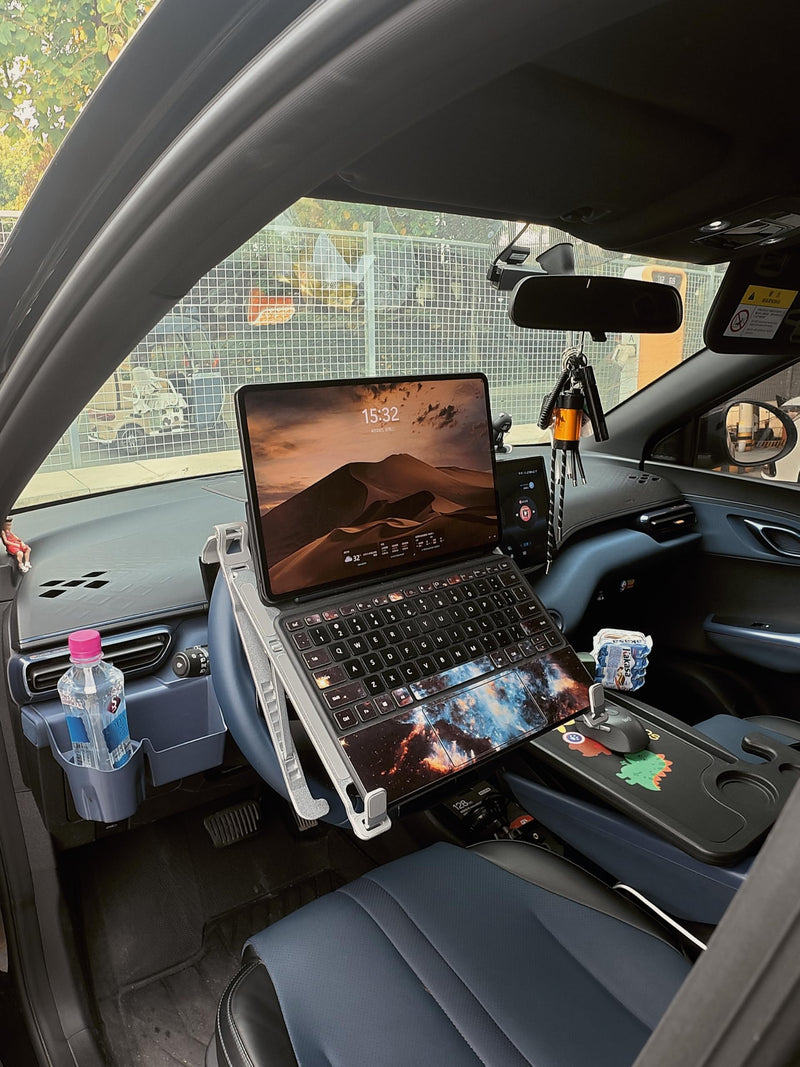 Car Laptop Mount, Height Adjustable Steering Wheel Laptop Tray for Car, Foldable Laptop Desk for Truck SUV Tesla, Portable Vehicle Workstation Table | Steering Wheel & Desktop Dual Mode, 5-Second Quick Scene Switch