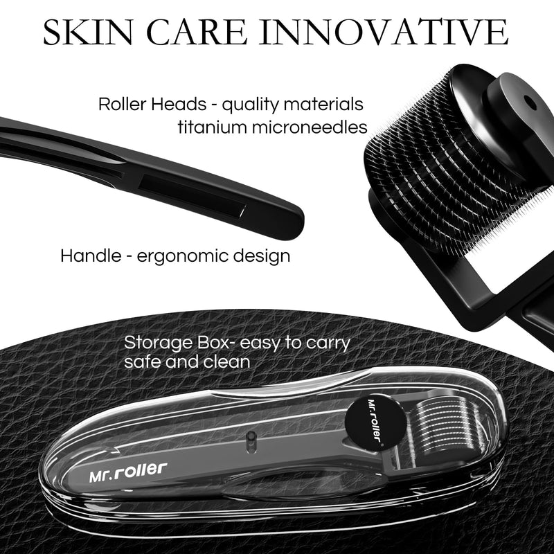 Mr.roller Derma Roller 1mm for Hair Growth, Microneedle Roller for Face Scalp Body, Beard Roller for Beard Growth, 540 Titanium Micro Needling Roller with Case for Men Women 1.0mm Matte Black