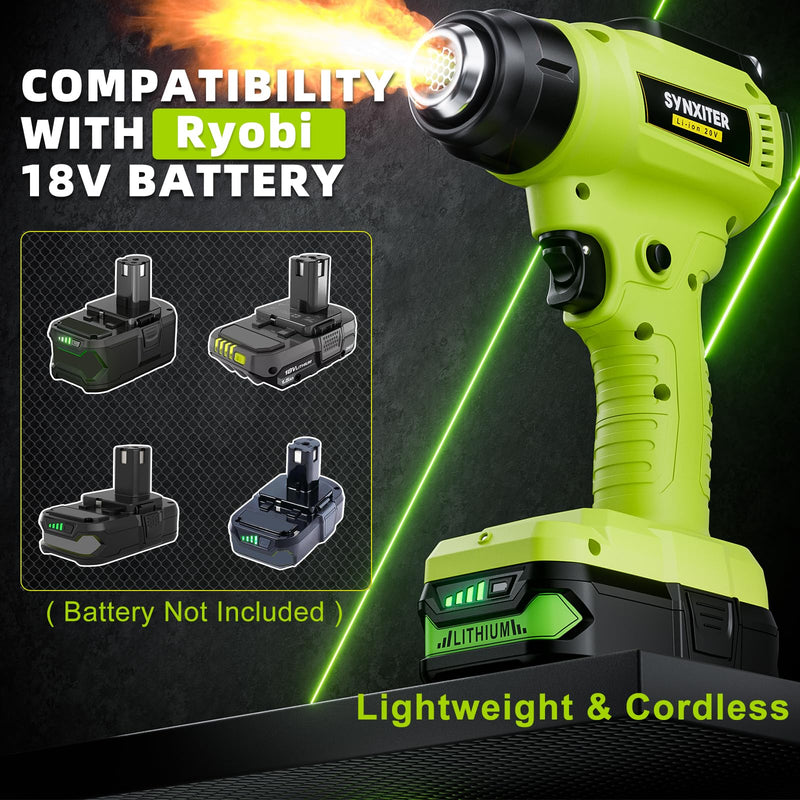 Compatible with Ryobi 18V Battery Cordless Heat Gun, 350W LED Light, Quick Heat Welded Heat Gun 122°F - 120°F Variable Temperature Control with 4 Nozzles and Scraper for Crafts(No Battery) Heat Gun Green