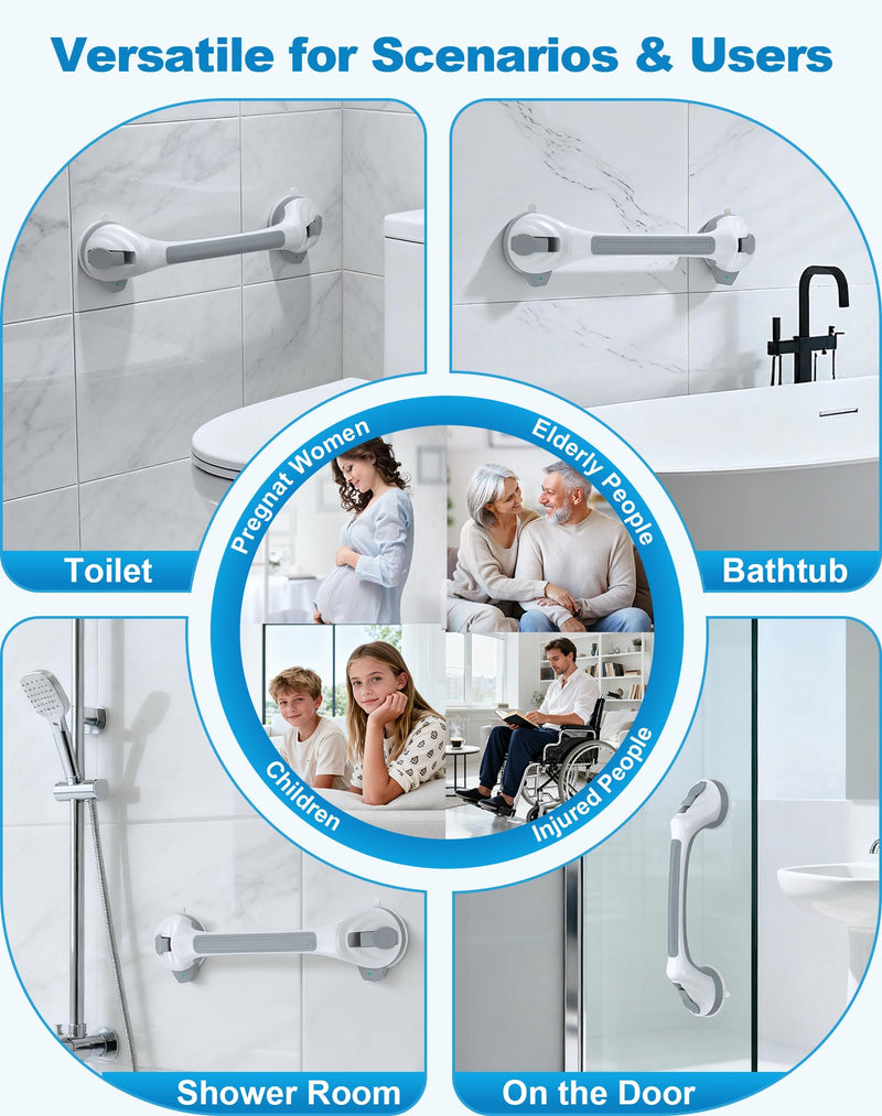 Grab Bars for Shower, 16.7" Shower Grab Bars for Seniors, Heavy Duty Suction Cup Shower Handle with Safety Indicators, No-Drill Anti-Slip Bathroom Shower Bars for Elderly & Handicap, 2 Pack White-Standard